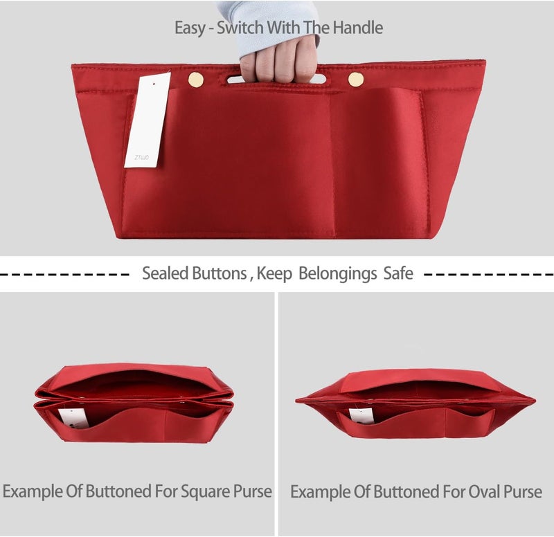 ZTUJO Purse Organizer Insert For Handbags, Silky Bag Organizer With 2 Zippers For Speedy Neverful Tote and More (Red, Medium) - Image 3